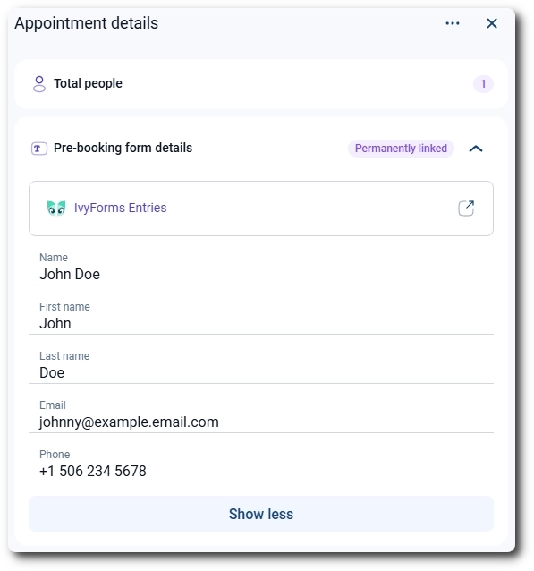 IvyForms intake details shown inside an Amelia appointment