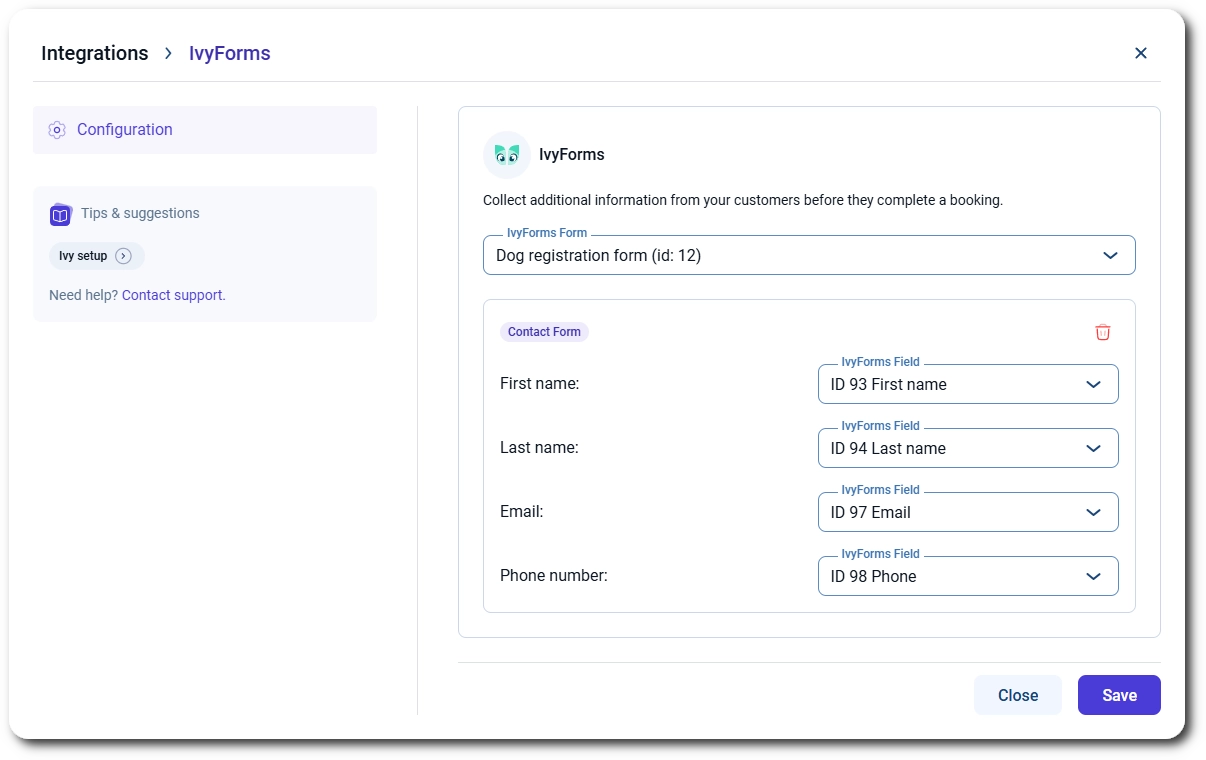 Mapping IvyForms fields to Amelia customer details