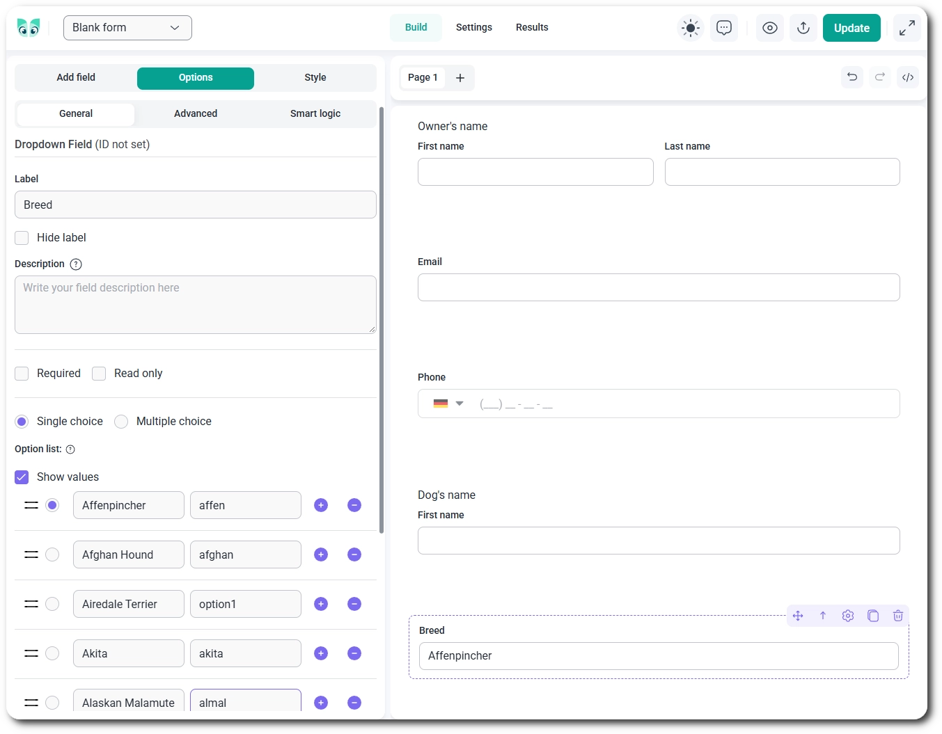 IvyForms builder with an intake form prepared for Amelia bookings