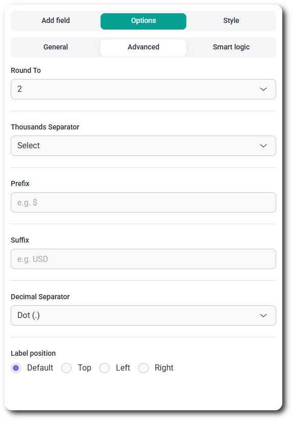 Advanced settings for formatting the Calculated Field result in IvyForms