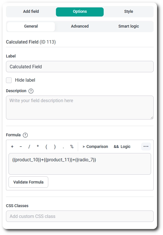 General settings of the Calculated Field in IvyForms, including the Formula editor