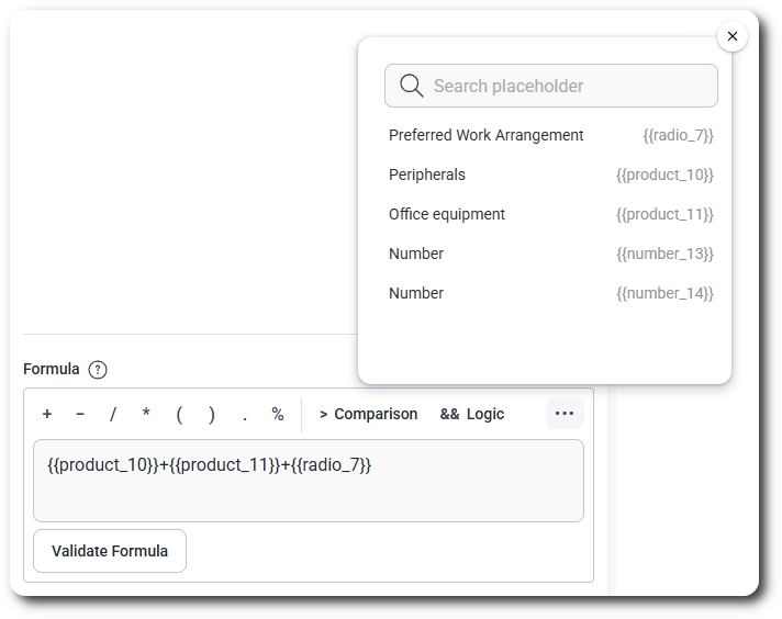Placeholder list for inserting fields into a Calculated Field formula in IvyForms