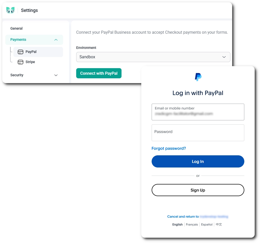 Environment dropdown and Connect with PayPal button in IvyForms payment settings and PayPal login page shown when connecting a PayPal account to IvyForms