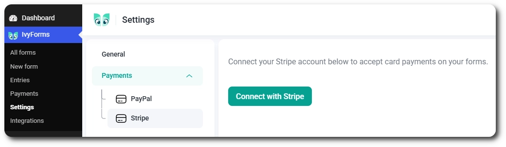 Connect with Stripe button in IvyForms payment settings