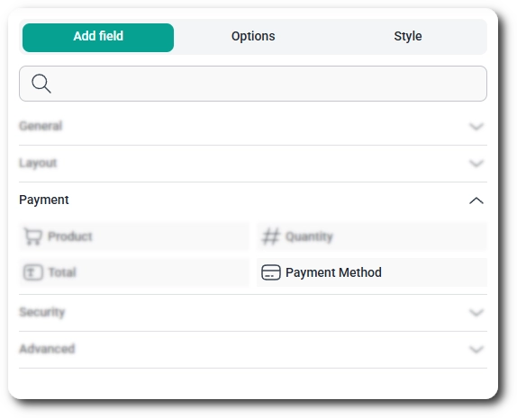 Payment section in the IvyForms builder showing the Payment Method field