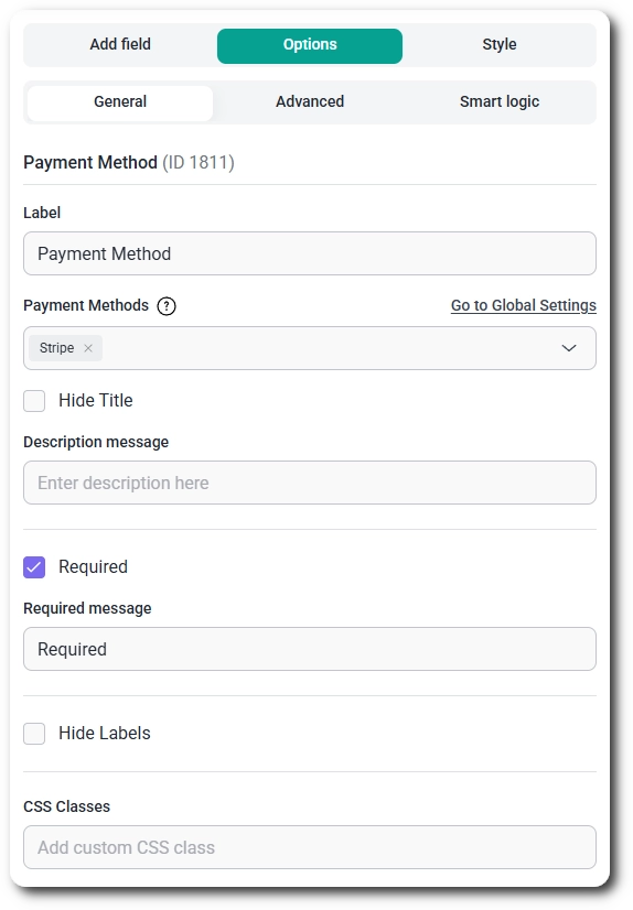 General tab settings for the Payment Method field in IvyForms