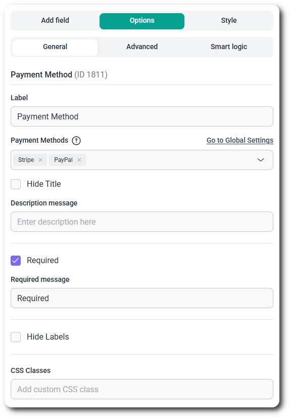 General tab of the Payment Method field in IvyForms
