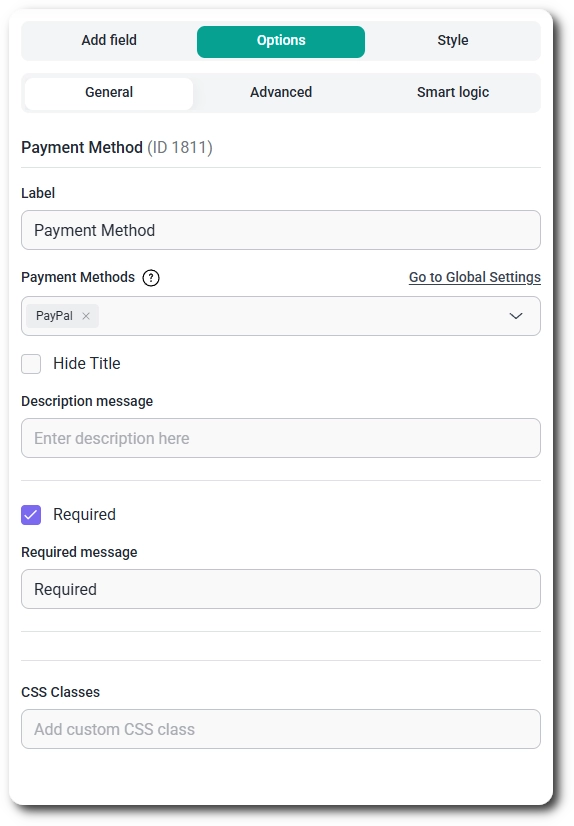 General tab settings for the Payment Method field with PayPal selected