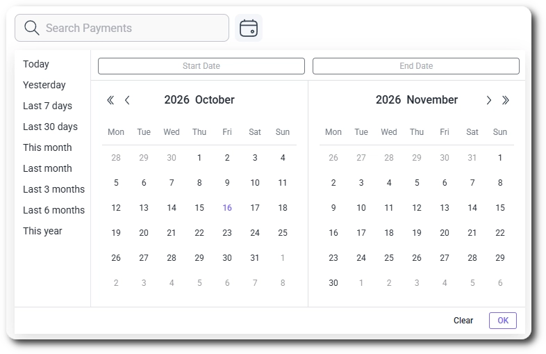 Date range picker on the IvyForms Payments page