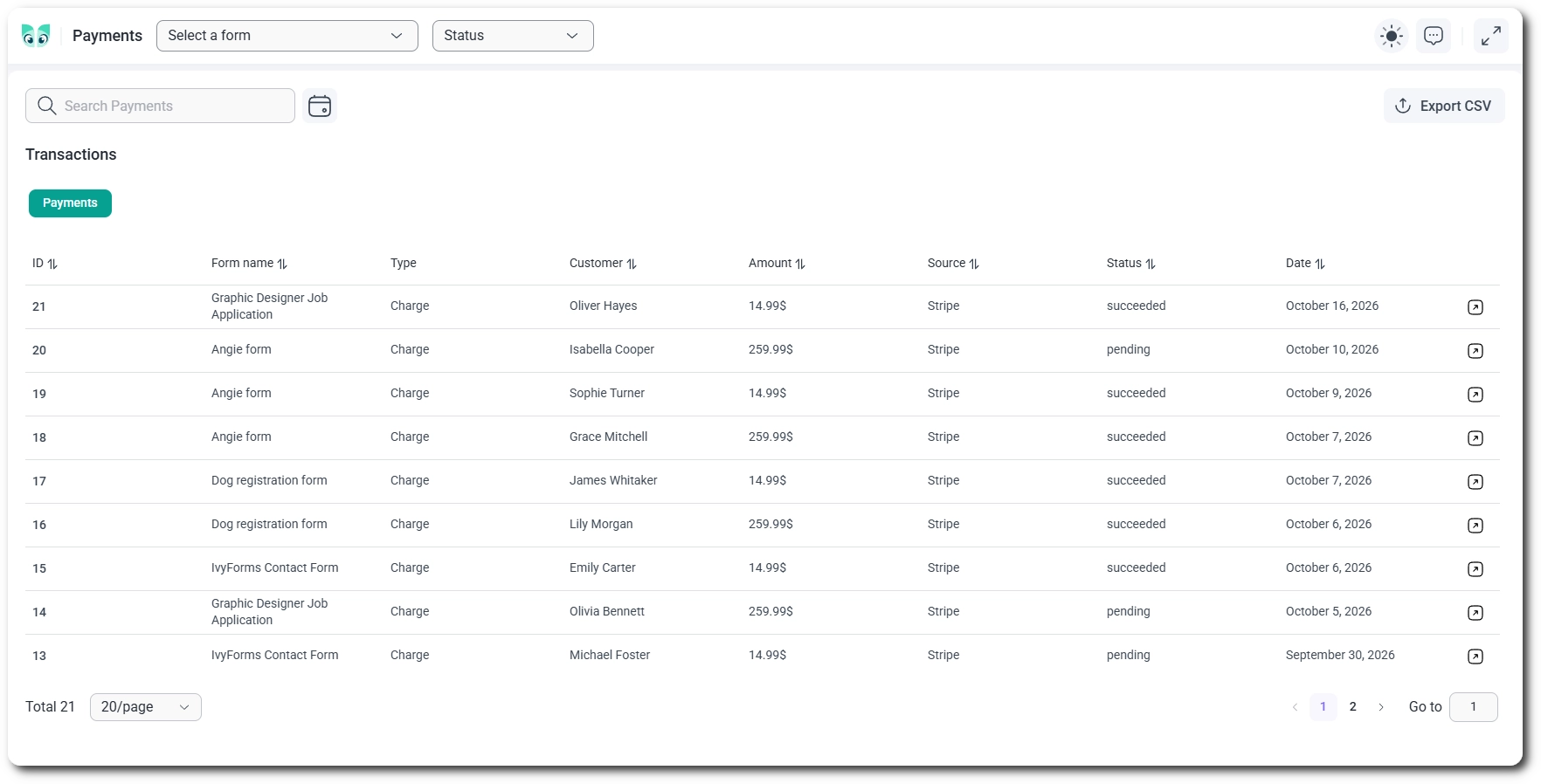 Payments page in IvyForms showing the transactions table with filters and the Export CSV button