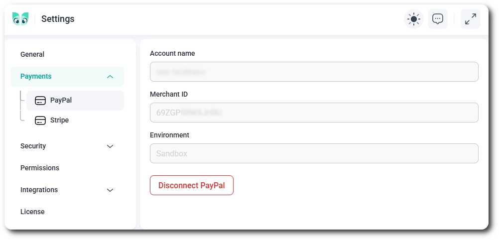 Connected PayPal account details with the Disconnect PayPal button