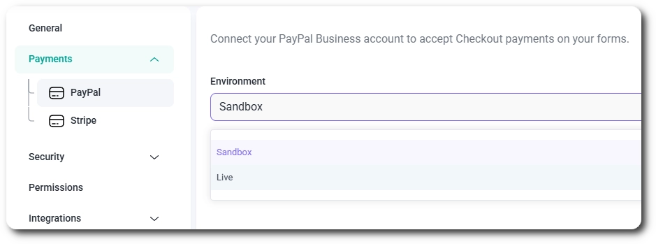 Sandbox and Live options in the PayPal environment dropdown