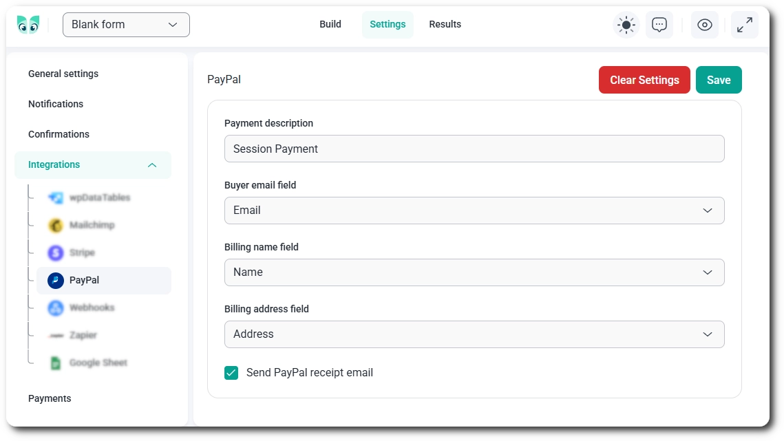 PayPal integration settings for a single form in IvyForms