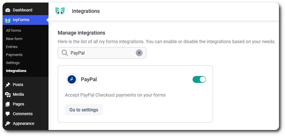 PayPal card on the IvyForms Integrations page with the Go to settings button