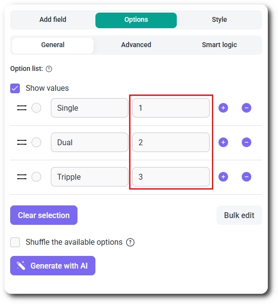 Option list with Show values enabled for a Radio button field in IvyForms