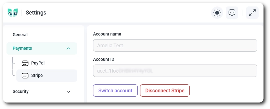 Connected Stripe account details with Switch account and Disconnect Stripe buttons