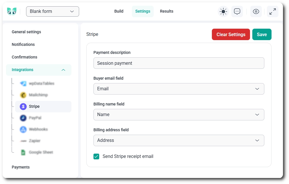 Stripe integration settings for a single form in IvyForms