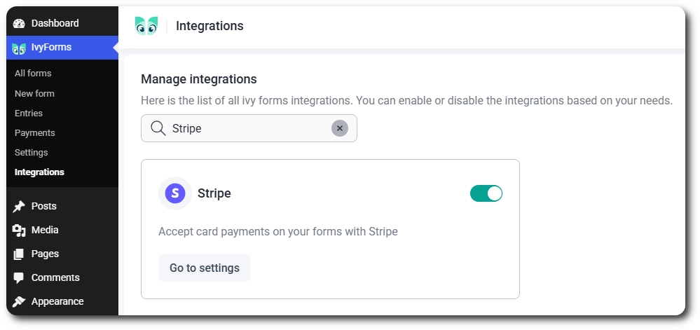 Stripe card on the IvyForms Integrations page with the Go to settings button