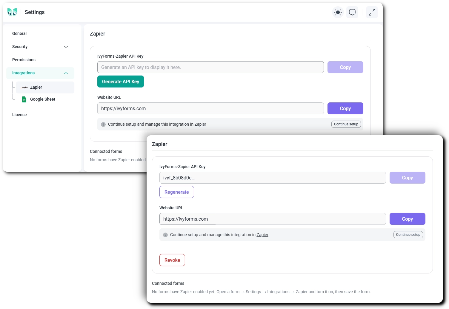 Zapier settings in IvyForms showing the generated API key with Regenerate and Revoke buttons