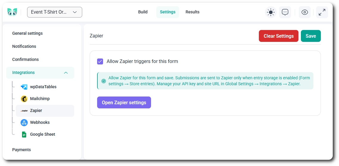 Allow Zapier triggers option in IvyForms form settings