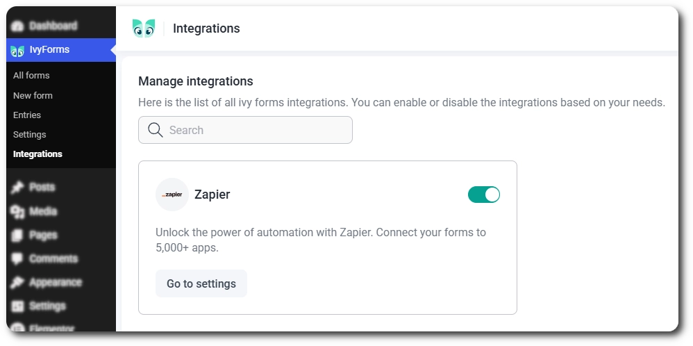 Zapier integration card with toggle enabled in IvyForms Integrations