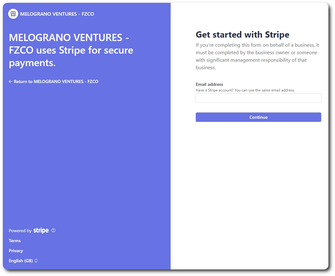 Stripe get started screen asking for an email address to connect an account