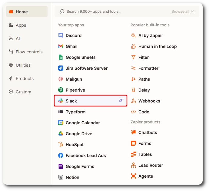 Choosing Slack as the action app in Zapier