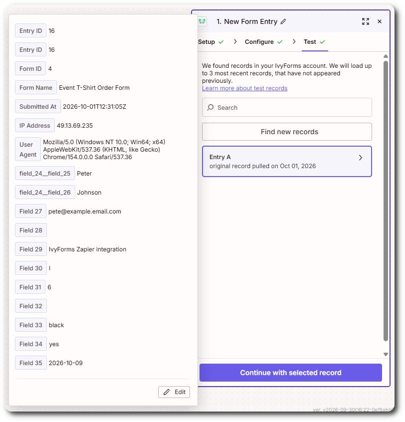 Test record from an IvyForms entry in Zapier
