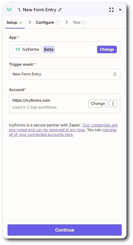 New Form Entry trigger setup for IvyForms in Zapier