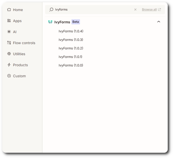 IvyForms app listed with a Beta label in the Zapier app search