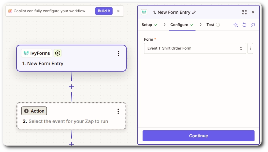 Selecting an IvyForms form in the Zapier trigger configuration