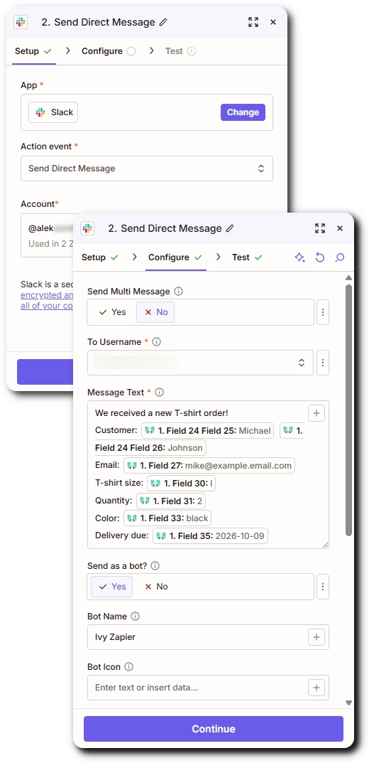 Configuring a Slack direct message in Zapier