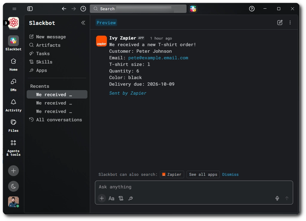 A Slack message received through IvyForms' Zapier integration